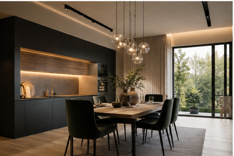 Nowoczesna kuchnia i jadalnia w apartamencie